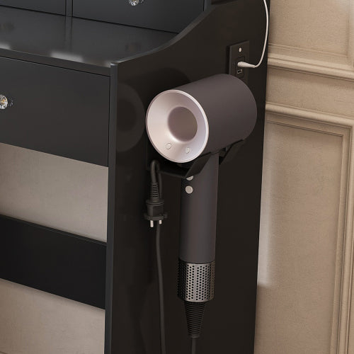 Black Modern Vanity Desk Set, Extra Large 30.3 inch *19.3 inch  LED Mirror, 5 Drawers, Power Outlet & Hair Dryer Holder