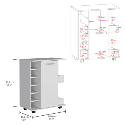 Bar Cart with Casters, 2-Side Storage Shelves and 6-Wine Bottle Rack