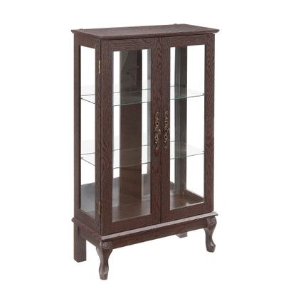 Cherry Lighted Tempered Glass Curio Cabinet Mirrored Back Panel Adjustable Shelf Vintage Metal Handle Home Display Cabinet
