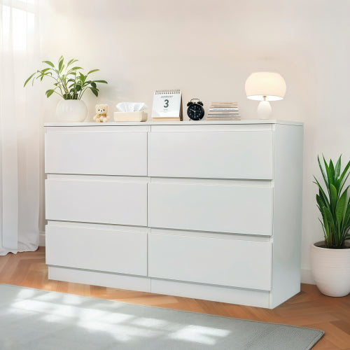6 Drawer White Dresser, Modern Dresser for Bedroom with Spacious Countertop, Wood Storage Cabinet with Concealed Handles & 6 Deep Drawers for Bedroom, Living Room, Entryway, 15.7" D x 47.2" W x 30.9"