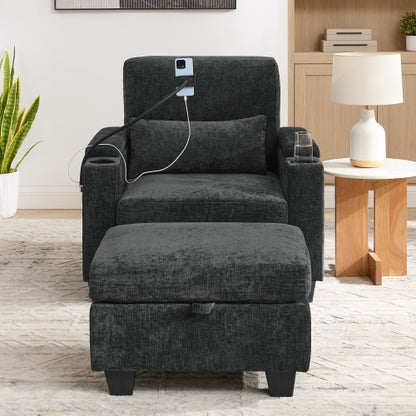 Black Manual-Adjust Recliner Chair with USB, Storage & Ottoman