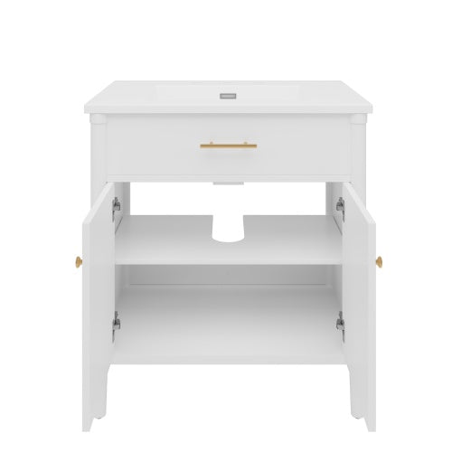 31" Bathroom Vanity with Sink, Bathroom Cabinet with Soft Close Doors and Adjustable Shelf, Curved Profile Design, Rubber Wood Legs, White