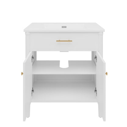 31" Bathroom Vanity with Sink, Bathroom Cabinet with Soft Close Doors and Adjustable Shelf, Curved Profile Design, Rubber Wood Legs, White