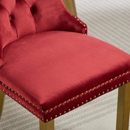 Mid-Century Modern Velvet Dining Chairs Set of 2 with Lion Head Pull Ring, Tufted Upholstered Chair, Wine Red
