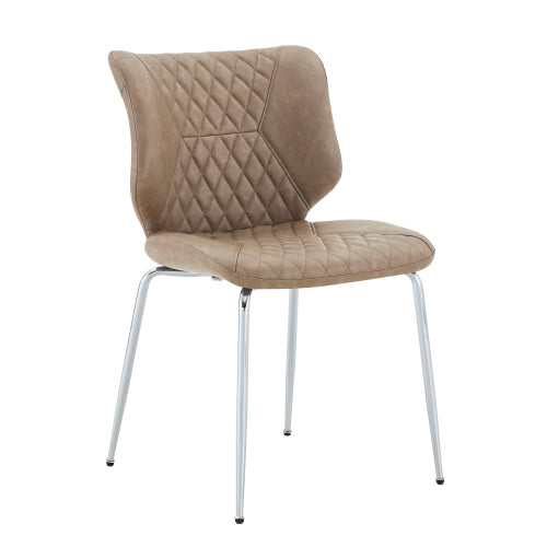 Set of 2 Khaki Crazy Horse Oil Wax Leather Dining Chairs, Electroplated Metal Leg Diamond Tuft High Back Chairs
