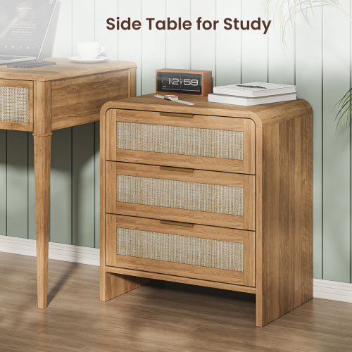 Rattan Nightstand with 3 Drawers, 22.8inch  Wide Curved Wooden Bedside Table, Modern Storage for Bedroom, Caramel Oak.