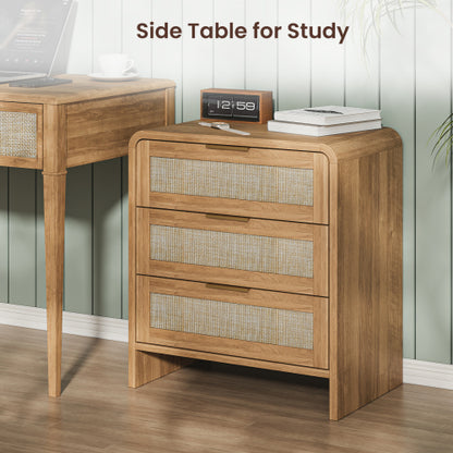 Rattan Nightstand with 3 Drawers, 22.8inch  Wide Curved Wooden Bedside Table, Modern Storage for Bedroom, Caramel Oak.