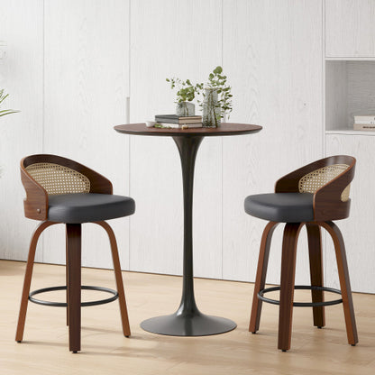 Swivel Bar Stools Set of 2, Modern Wood Frame with Rattan Back, PU Leather Stool for Kitchen Counter, Mid Century Upholstered Barstools with Footrest,Industrial Counter Height Stools