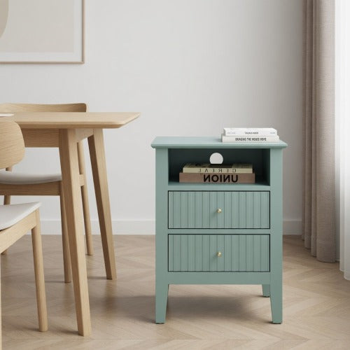 Green Fluted Nightstand with Soft-Close Drawers