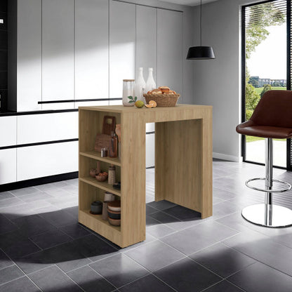 Kitchen Island, Kitchen Bar Table with 3-Side Shelves, Natural Oak