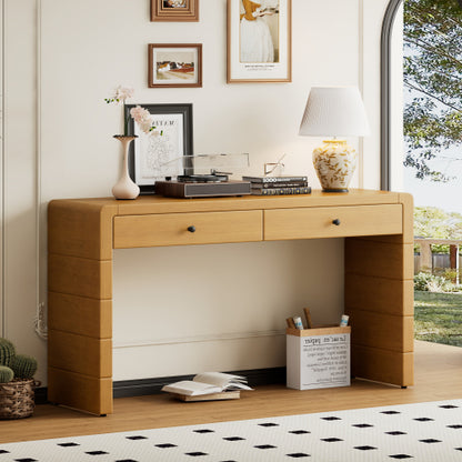 Curved Console Table with Storage, Wooden Entryway Table with 2 Drawers, Farmhouse Rustic Console Tables for Entryway, Hallway, Living Room, Natural