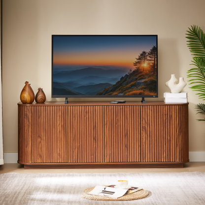 Walnut Wave Pattern Sideboard TV Stand 64 Inch Wide Storage Cabinet with Push to Open Doors