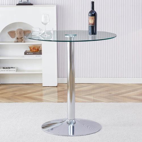 A glass tabletop with a diameter of 35 inches and a modern minimalist circular dining table with electroplated silver metal legs. Suitable for restaurants, living rooms, and conference rooms.