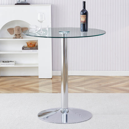 A glass tabletop with a diameter of 35 inches and a modern minimalist circular dining table with electroplated silver metal legs. Suitable for restaurants, living rooms, and conference rooms.