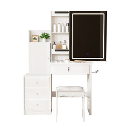 White Vanity Desk Set with Sliding Lighted Mirror, 4 Drawers & 9 Storage Spaces, Hidden Compartments, Cushioned Stool