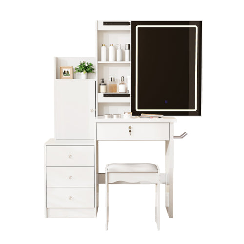 White Vanity Desk Set with Sliding Lighted Mirror, 4 Drawers & 9 Storage Spaces, Hidden Compartments, Cushioned Stool