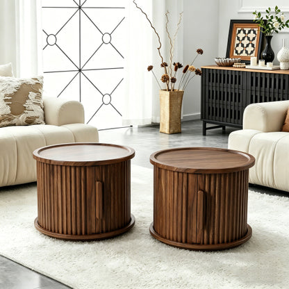 2 Pack Walnut Nesting Round Tables, Fluted Roman Column Design with Sliding Door