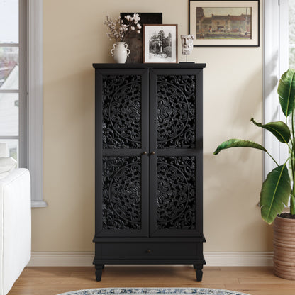 55 Inch Rustic Storage Cabinet with Drawer Carved Doors Black Accent Cabinet