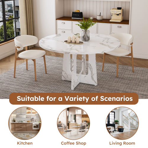 47.24 Inch Marble White MDF Round Dining Table, 300LB Capacity Farmhouse Kitchen Table for 4-6 People