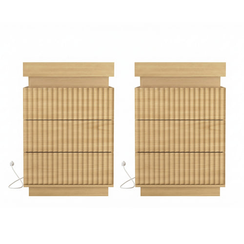 2 Pack Natural Nightstand, Sliding Top Charging Station & RGB LED with Fluted Drawers