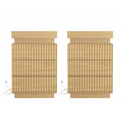 2 Pack Natural Nightstand, Sliding Top Charging Station & RGB LED with Fluted Drawers