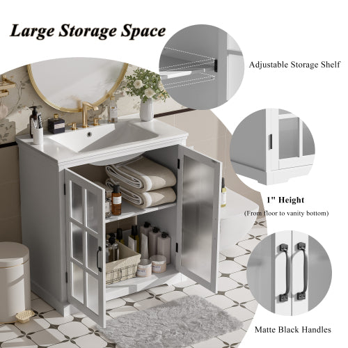 30" Modern Bathroom Vanity with Ceramic Sink, Bathroom Vanity Cabinet with Tempered Blurred Glass and Matte Black Handles, Equipped with Large Storage Space and Rubber Wood Frame, White