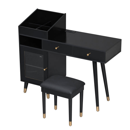 Black Space Saving Vanity Desk Set with Stool, Built?in Charging Station, Drawers & Tempered Glass Cabinet