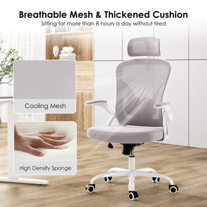 Ergonomic Office Chair, Home Office Desk Chair with Headrest, High Back Computer Chair with Armrests and Adjustable Lumbar Support for Home Office Study Room,White & Gray