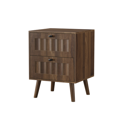 2-Pack Walnut Medieval Retro Nightstand, 2 Drawers with Solid Wood Legs & Silent Slides