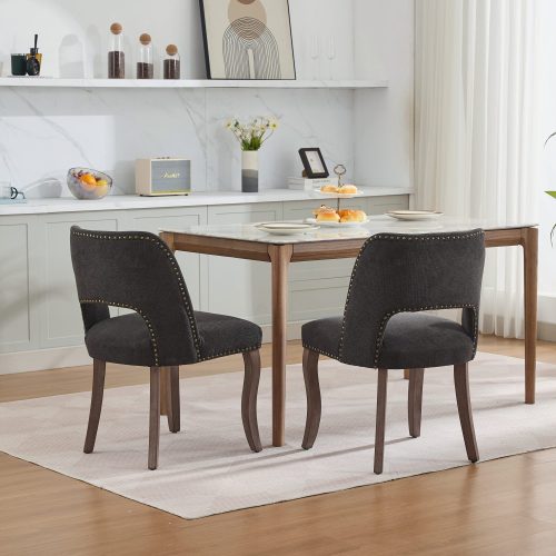 Set of 2 Black Hollow Back Fabric Dining Chairs, Curved Solid Wood Legs With Handmade Copper Nails