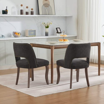 Set of 2 Black Hollow Back Fabric Dining Chairs, Curved Solid Wood Legs With Handmade Copper Nails