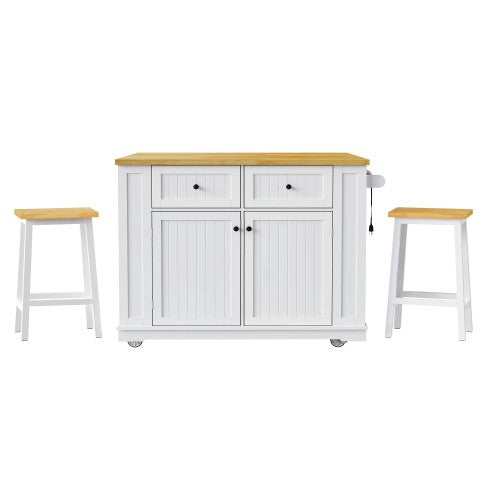 48inch Kitchen Island with 2 Bar Stools, Power Outlet, Door Internal Storage Rack, Kitchen Storage Cart on 5 Wheels with Drop Leaf, 5 Side Racks, 2 Drawers,White
