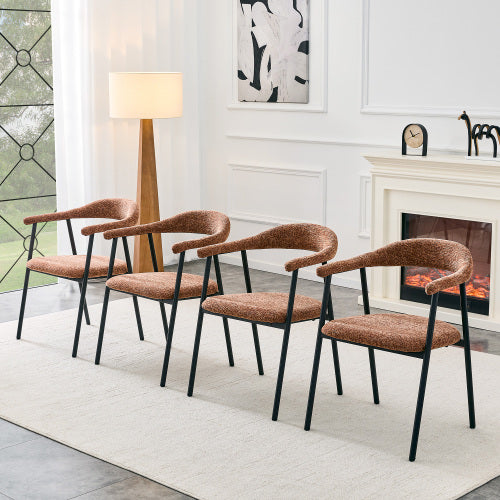 Fabric Upholstered Dining Chairs with Black Metal Legs, Set of 4, Caramel