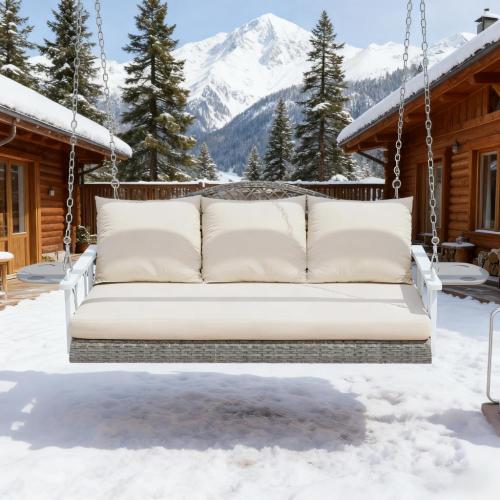 Outdoor Patio Porch Swing Bench with Cup Holders, Cushions 3 Person Wicker Hanging