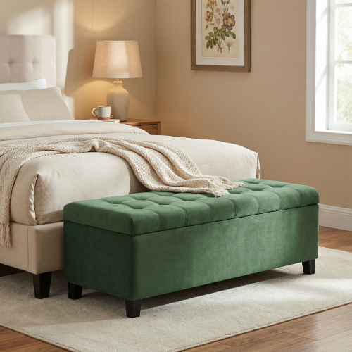 Retro Green Fabric Storage Ottoman Bench, Boucle Upholstered Entry & End of Bed Bench, 300 LBS Capacity 51.18 inchL x19.29 inchW x17.72 inchH