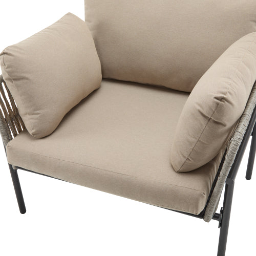 36" Beige Iron Lounge Chair with Rope Weave Design and Plush Cushions, Perfect for Indoor and Outdoor Relaxation