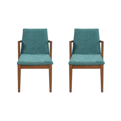 Set of 2 Mid-Century Green Fabric Arm Dining Chairs, Walnut Rubber Wood Frame 250lbs Capacity