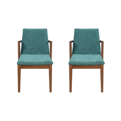 Set of 2 Mid-Century Green Fabric Arm Dining Chairs, Walnut Rubber Wood Frame 250lbs Capacity