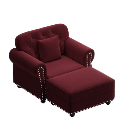 41.3 inch  Burgundy Velvet Mid-Century Sofa,Nailhead Trim & 1 Pillow