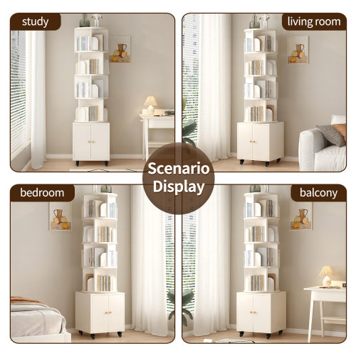 White 5-Tier Rotating Bookshelf with Double Door Drawer, Slim Wooden Corner Storage Cabinet for Home