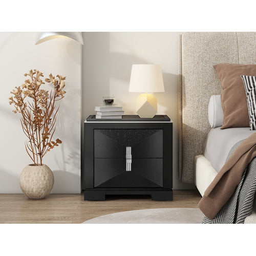 Mid-Century Modern Nightstand, 2 Drawers Wide Sofa Side Table,Wood Diamond Shaped End Table with Storage,Closet with Heavy Duty Base,Small Bedside Table for Bedroom,Living Room,Entrance,Black