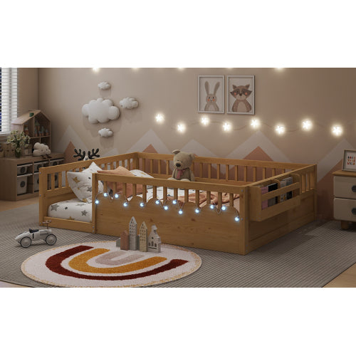 Full Montessori Floor Bed Frame with High Rails, Wood Kids Floor Beds with Light and Storage Shelf, Natural