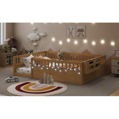 Full Montessori Floor Bed Frame with High Rails, Wood Kids Floor Beds with Light and Storage Shelf, Natural