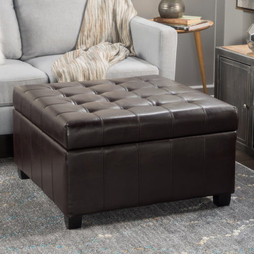 Dark Brown PU Leather Tufted Storage Ottoman with Waffle Stitch