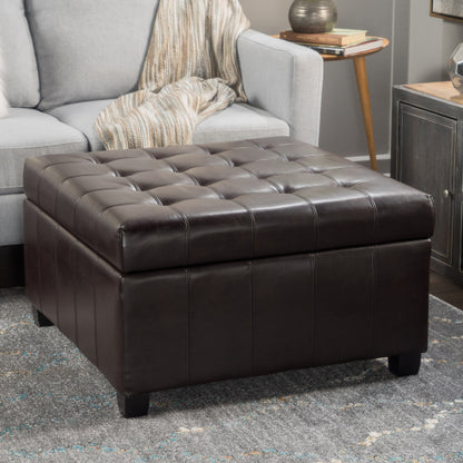Dark Brown PU Leather Tufted Storage Ottoman with Waffle Stitch