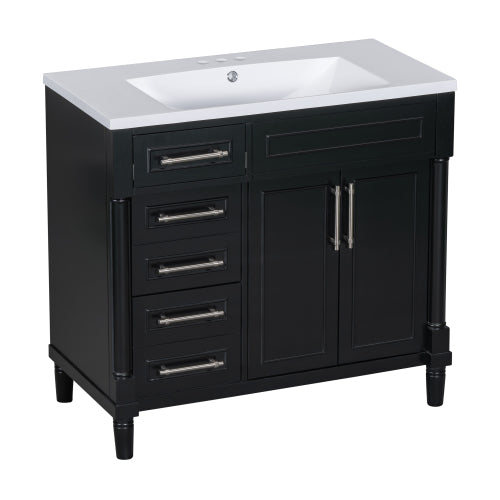 36'' Bathroom Vanity with Top Resin Sink, Freestanding Bathroom Storage Cabinet with 2 Drawers and a Tip-out Drawer, Solid Wood Frame Vanity Set, Height Adjustable Shelf