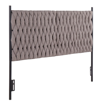 Braided Queen Size Headboard in Black Metal and Grey Fabric by