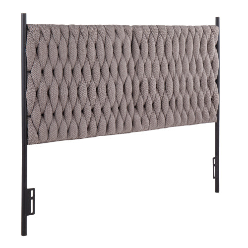 Braided Queen Size Headboard in Black Metal and Grey Fabric by