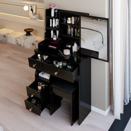 29.2" Small Space Left Drawer Desktop Vanity Table + Cushioned Stool, Extra Large Right sliding mirror, Multi Layer High Capacity Storage, Practical Fashionable Dresser, Suitable For Small Space