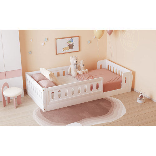 Wood Twin Size Platform Bed with Guardrail, White